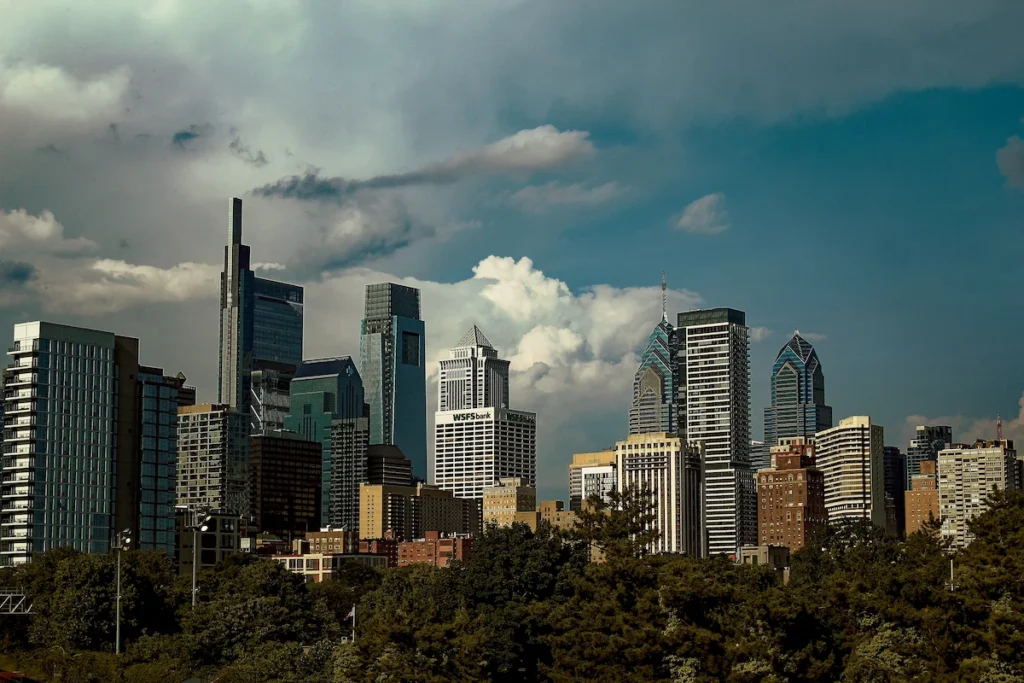 Amerikansk skyline med skyskrapere